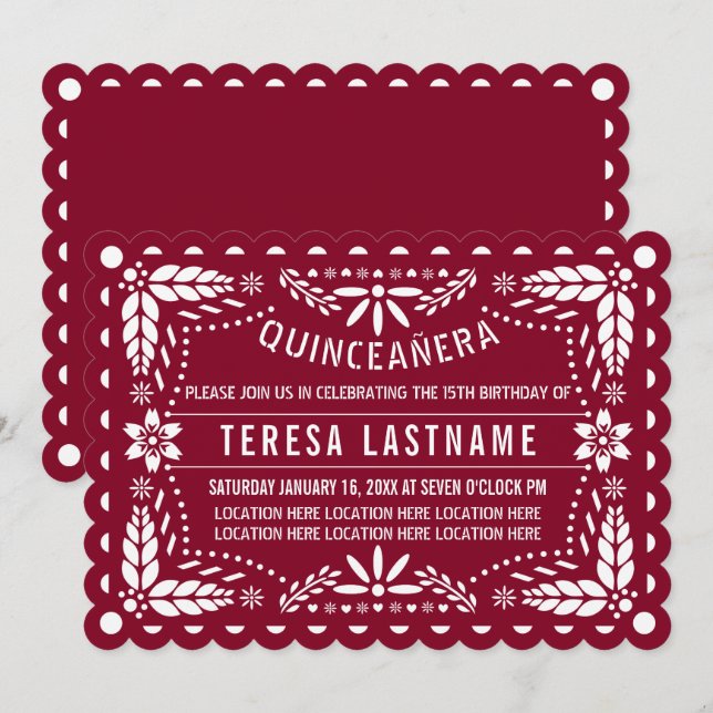 Burgundy red and white papel picado Quinceañera Invitation (Front/Back)