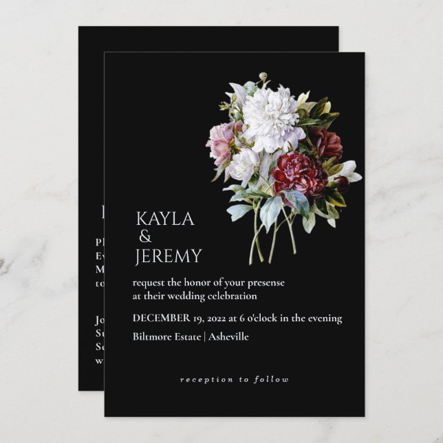 Burgundy Red and White Peonies All in One Wedding  Invitation (Front/Back)