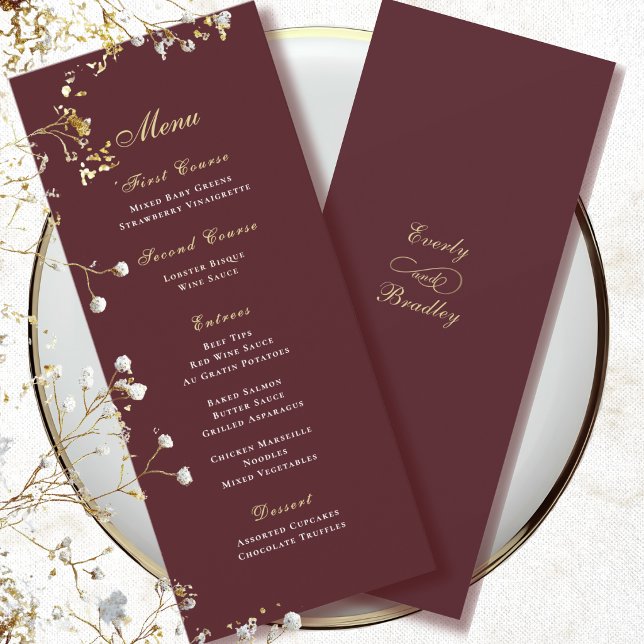 Burgundy Red Background Gold White Script Menu Invitation (Creator Uploaded)