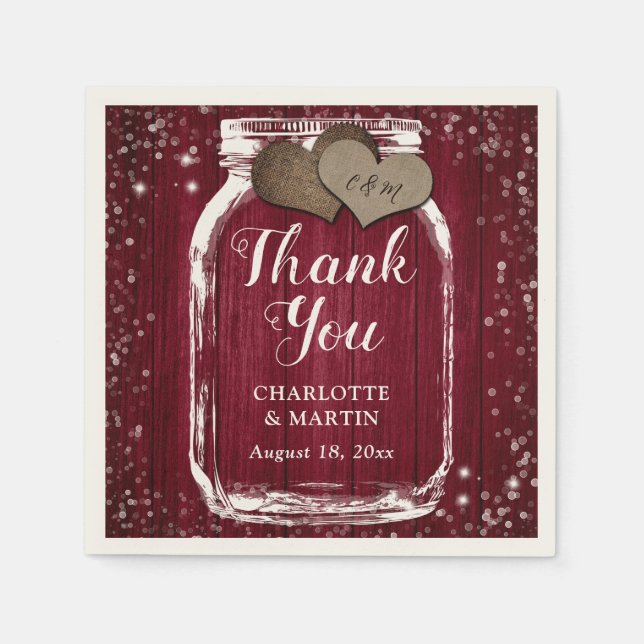 Burgundy Red Barn Wood Mason Jar Thank You Wedding Napkin (Front)