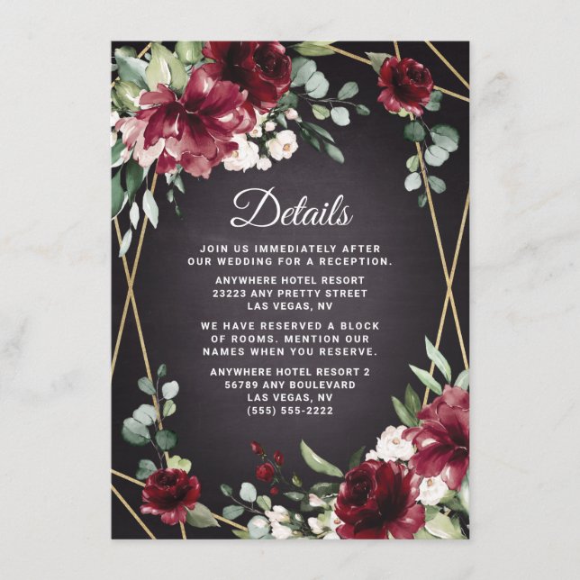 Burgundy Red Black and Gold Floral Elegant Wedding Enclosure Card (Front)
