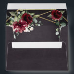 Burgundy Red Black and Gold Floral Elegant Wedding Envelope<br><div class="desc">Design features a black chalkboard printed texture for the background with a printed gold coloured geometric frame that’s covered in unique elegant greenery that consists of eucalyptus and other leaves/branch elements. Design also features burgundy red rose and peony flowers and other blush pink floral elements for added unique décor.</div>