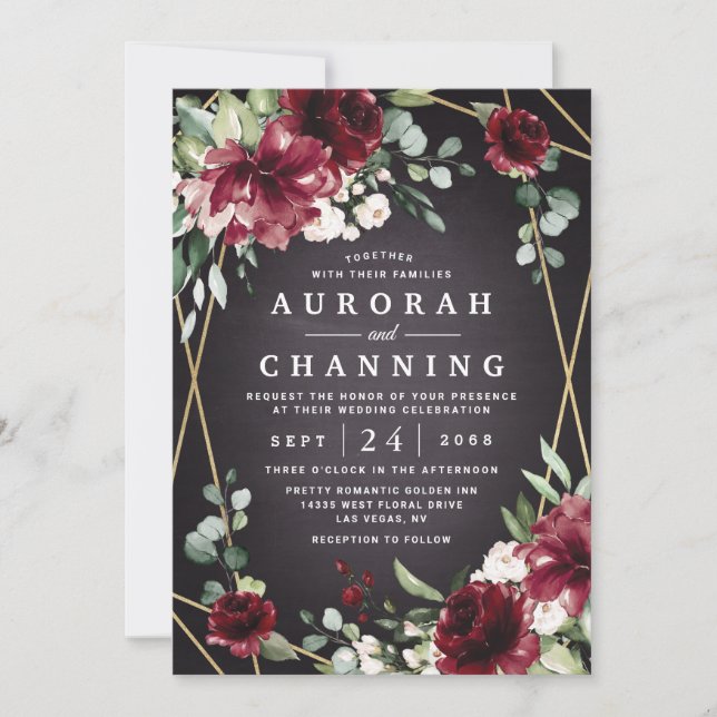 Burgundy Red Black and Gold Floral Elegant Wedding Invitation (Front)