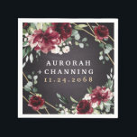 Burgundy Red Black and Gold Floral Elegant Wedding Napkin<br><div class="desc">Design features a black chalkboard printed texture for the background with a printed gold coloured geometric frame that’s covered in unique elegant greenery that consists of eucalyptus and other leaves/branch elements. Design also features burgundy red rose and peony flowers and other blush pink floral elements for added unique décor.</div>