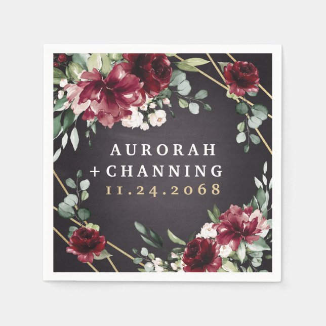 Burgundy Red Black and Gold Floral Elegant Wedding Napkin (Front)