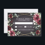 Burgundy Red Black and Gold Floral Elegant Wedding RSVP Card<br><div class="desc">Design features a black chalkboard printed texture for the background with a printed gold coloured geometric frame that’s covered in unique elegant greenery that consists of eucalyptus and other leaves/branch elements. Design also features burgundy red rose and peony flowers and other blush pink floral elements for added unique décor.</div>