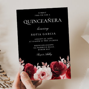 Burgundy Red Black Enchanted Roses Quinceanera Invitation