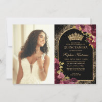 Burgundy Red Black Gold Floral Photo Quinceanera