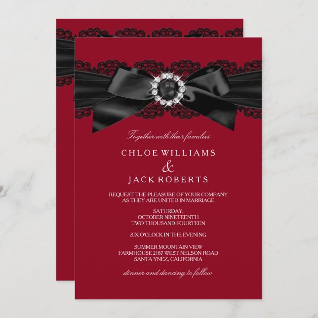 Burgundy Red & Black Pearl Bow Wedding Invite (Front/Back)