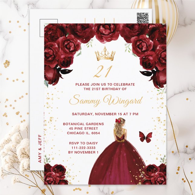 Burgundy Red Blonde Hair Princess Birthday Party Postcard (Creator Uploaded)