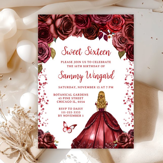 Burgundy Red Blonde Hair Princess Sweet Sixteen Invitation (Creator Uploaded)