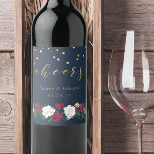 Burgundy Red Blooms Personalised Boho Wedding Wine Label