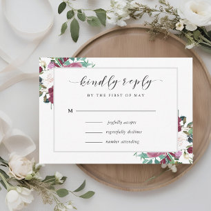 Burgundy Red Blooms Wedding RSVP Card