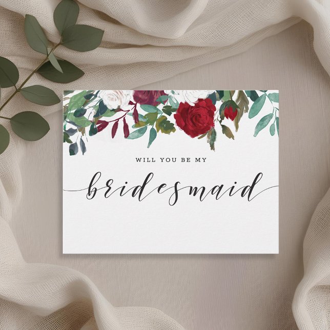 Burgundy Red Blooms Will You Be My Bridesmaid Invitation Postcard (Creator Uploaded)