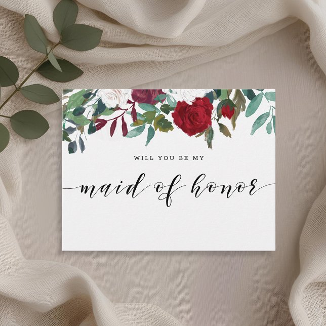 Burgundy Red Blooms Will You Be My Maid of Honour Invitation Postcard (Creator Uploaded)