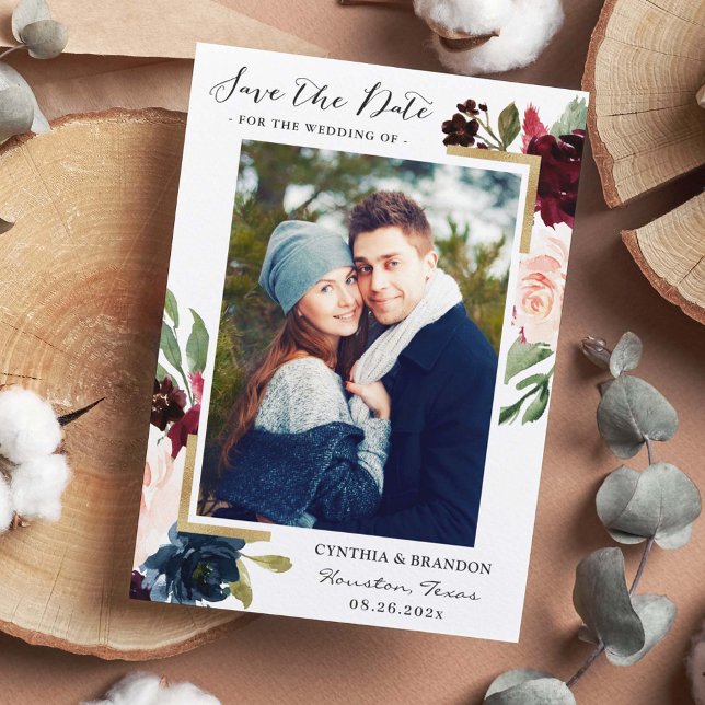 Burgundy Red Blush Blue Floral Gold Photo Save The Date (Creator Uploaded)