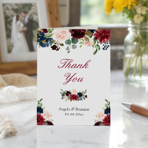 Burgundy Red Blush Blue Floral Thank You Card