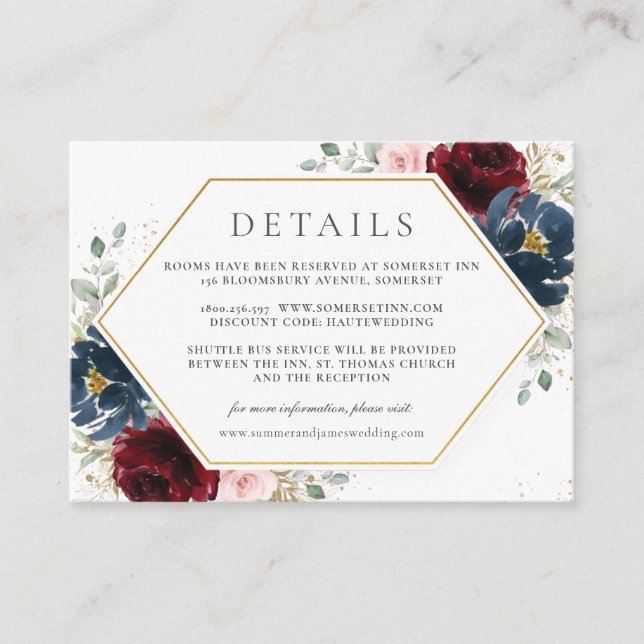 Burgundy Red Blush Blue Floral Wedding Details    Enclosure Card (Front)