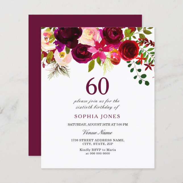 Burgundy Red Blush Budget 60th Birthday Invitation (Front/Back)