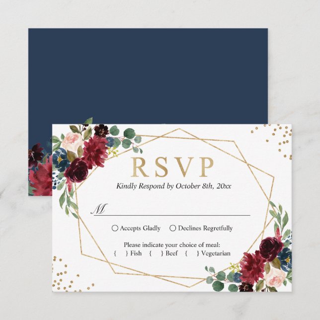 Burgundy Red Blush Floral Blue Gold Glitters RSVP (Front/Back)