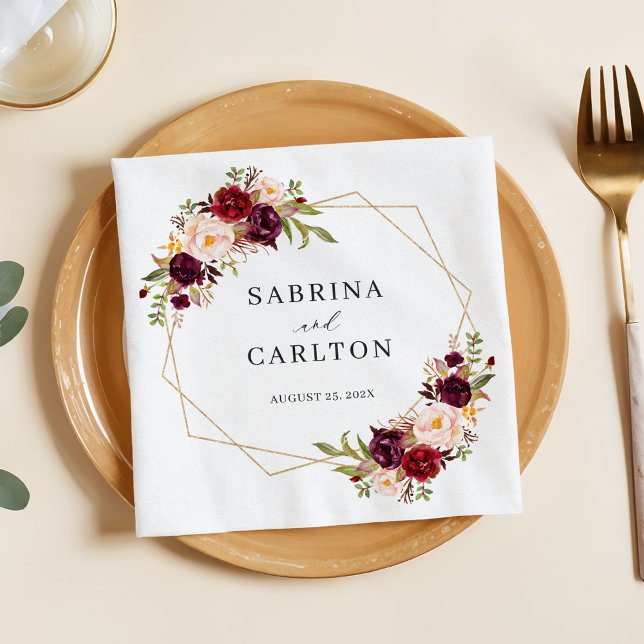 Burgundy Red Blush Floral Geometric Wedding Napkin (Creator Uploaded)