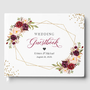 Burgundy Red Blush Floral Gold Geometric Wedding Guest Book