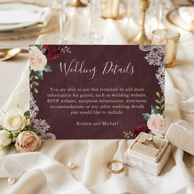 Burgundy Red Blush Floral Lace Wedding Details Enclosure Card (Creator Uploaded)