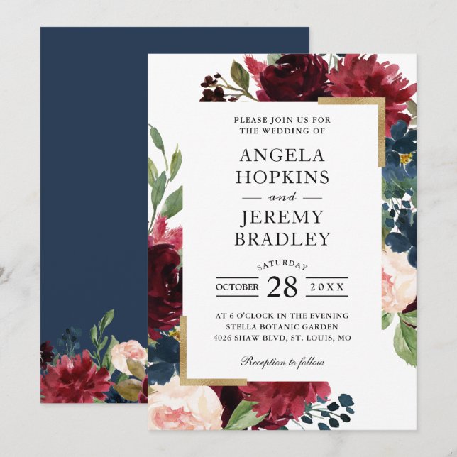 Burgundy Red Blush Floral Navy Blue Gold Wedding Invitation (Front/Back)