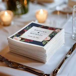Burgundy Red Blush Floral Navy Blue Wedding Napkin