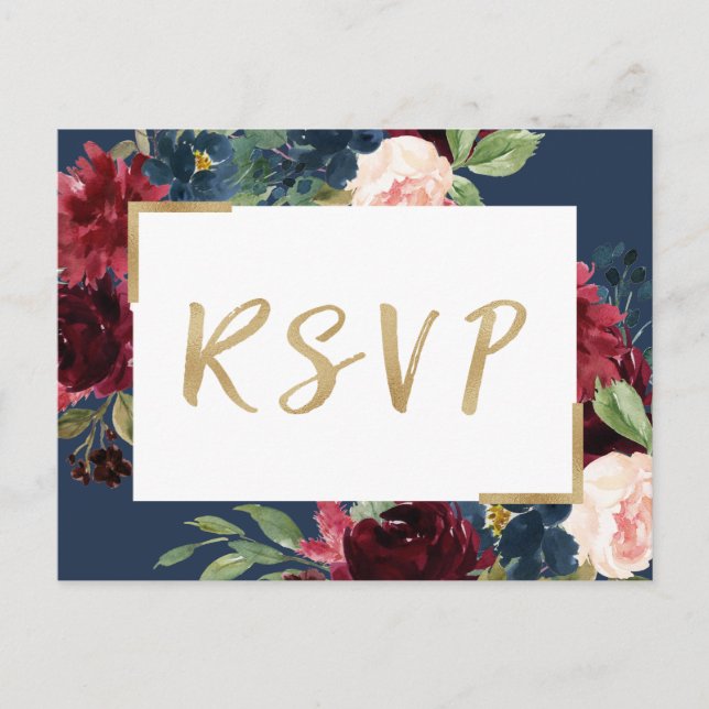 Burgundy Red Blush Floral Navy Blue Wedding RSVP Invitation Postcard (Front)