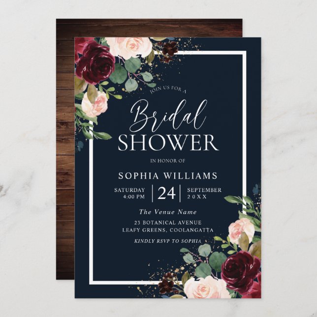 Burgundy Red & Blush Floral Navy Bridal Shower Invitation (Front/Back)