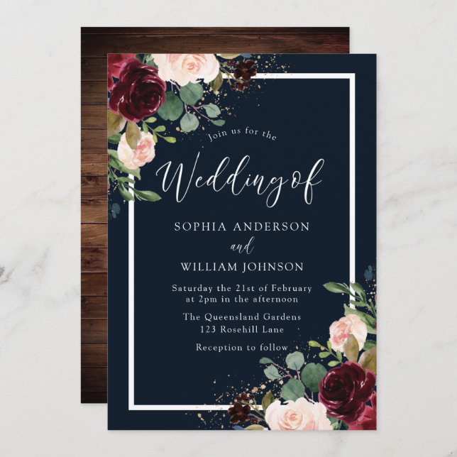Burgundy Red & Blush Floral Navy Wedding Invitation (Front/Back)