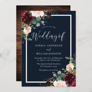 Burgundy Red & Blush Floral Navy Wedding Invitation