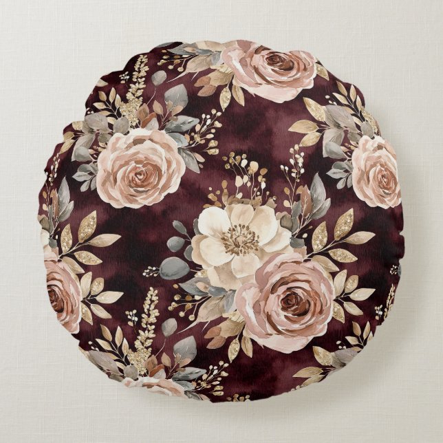 Burgundy Red Blush Floral Round Cushion (Front)