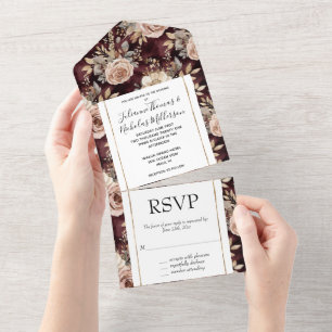 Burgundy Red Blush Floral Wedding All In One Invitation