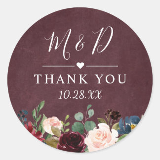 Burgundy Red Blush Floral Wedding Thank You Classic Round Sticker