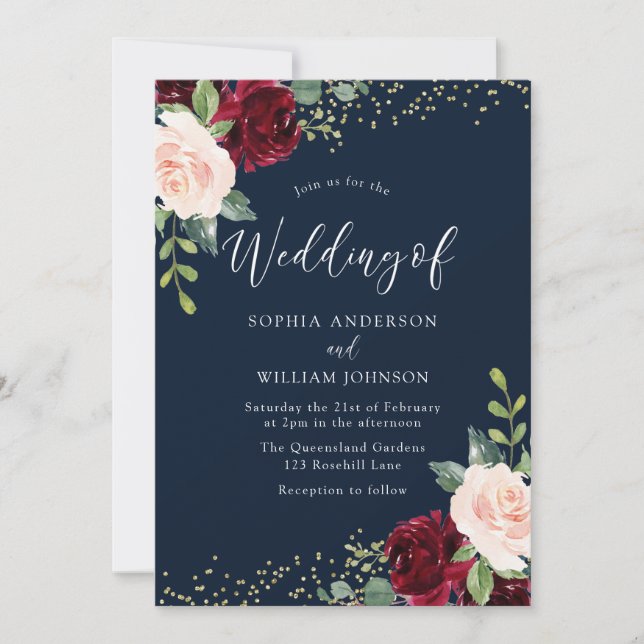 Burgundy Red & Blush Flowers Glitter Navy Wedding Invitation (Front)