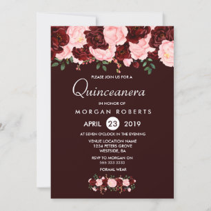 Burgundy Red Blush Flowers Quinceanera Invite