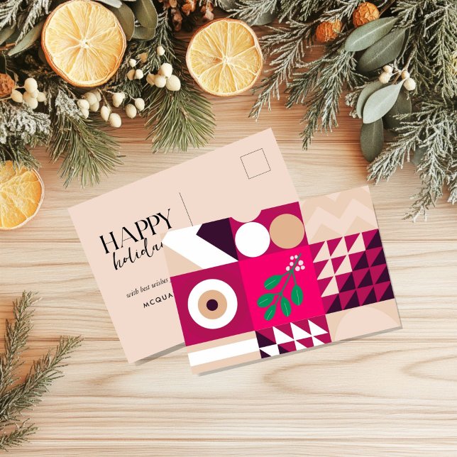  Burgundy Red Blush Geometric Pink Christmas Holiday Postcard (Burgundy Pink Geometric Christmas Post Card)