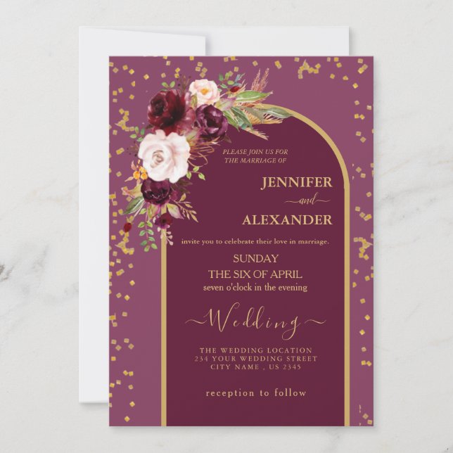 burgundy Red Blush | Gold frame modern Wedding  Invitation (Front)