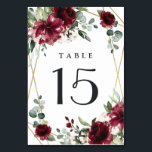 Burgundy Red Blush Gold Geometric Greenery Wedding Table Number<br><div class="desc">Design features a printed gold coloured geometric frame with floral elements in shades of burgundy,  red and blush over greenery,  eucalyptus and flower blooms.</div>