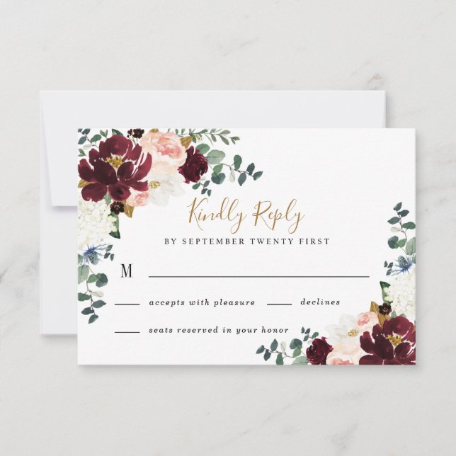 Burgundy Red Blush Pink and Gold Floral Wedding RSVP Card (Front)