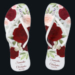 Burgundy Red & Blush Pink Boho Roses Wedding Jandals<br><div class="desc">Dance the night away with these beautiful wedding flip flops. The rustic boho chic design features hand painted watercolor roses in shades of burgundy, red, and blush pink, along with eucalyptus leaves and garden greenery. There is space for the names of the couple and wedding date below. Wonderful way to...</div>