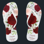Burgundy Red & Blush Pink Boho Roses Wedding Jandals<br><div class="desc">Dance the night away with these beautiful wedding flip flops. The rustic boho chic design features hand painted watercolor roses in shades of burgundy, red, and blush pink, along with eucalyptus leaves and garden greenery. There is space for the names of the couple and wedding date below. Wonderful way to...</div>