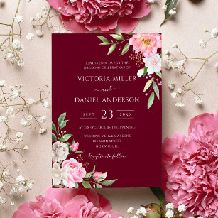 Burgundy Red Blush Pink Floral Elegant Wedding Invitation