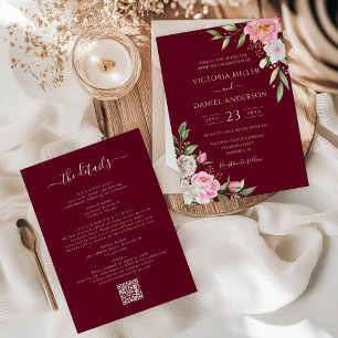 Burgundy Red Blush Pink Floral Elegant Wedding Invitation