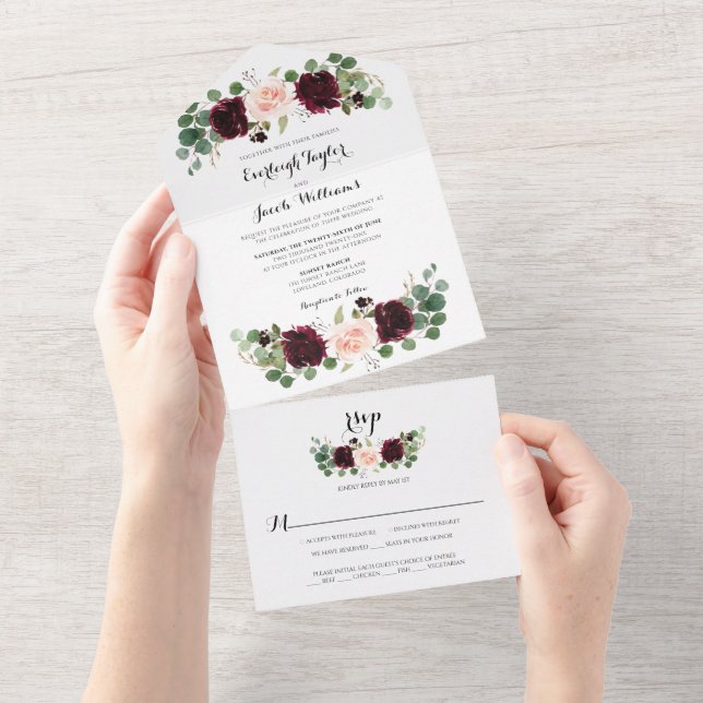Burgundy Red Blush Pink Floral Eucalyptus Wedding All In One Invitation (Tearaway)