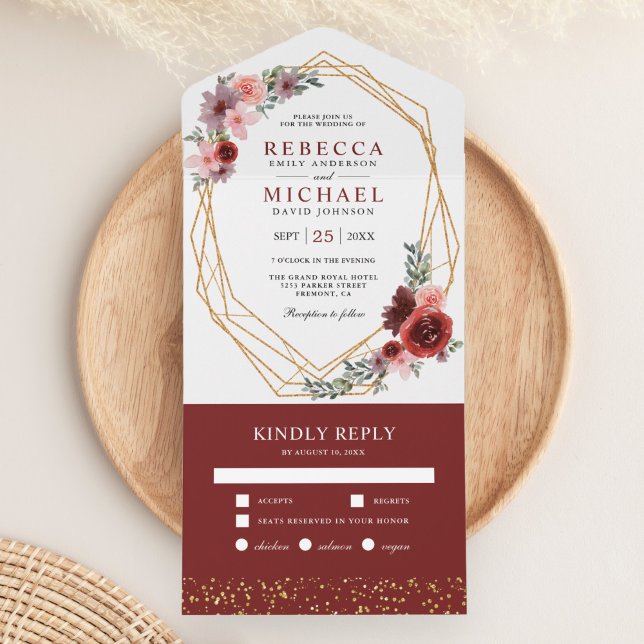 Burgundy Red Blush Pink Floral Gold Frame Wedding All In One Invitation (Creator Uploaded)