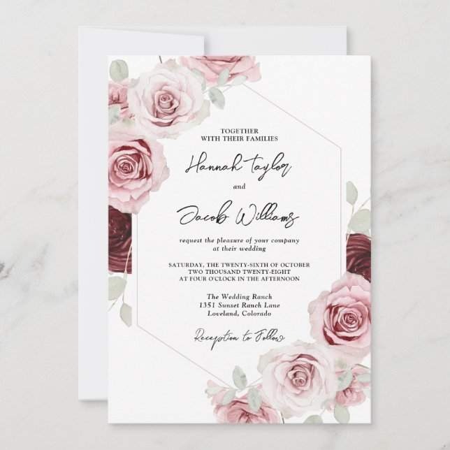 Burgundy Red Blush Pink Floral QR Code Wedding Invitation (Front)