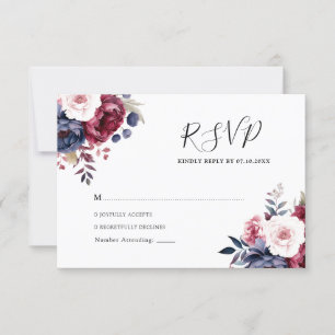 Burgundy Red blush pink floral watercolor wedding RSVP Card